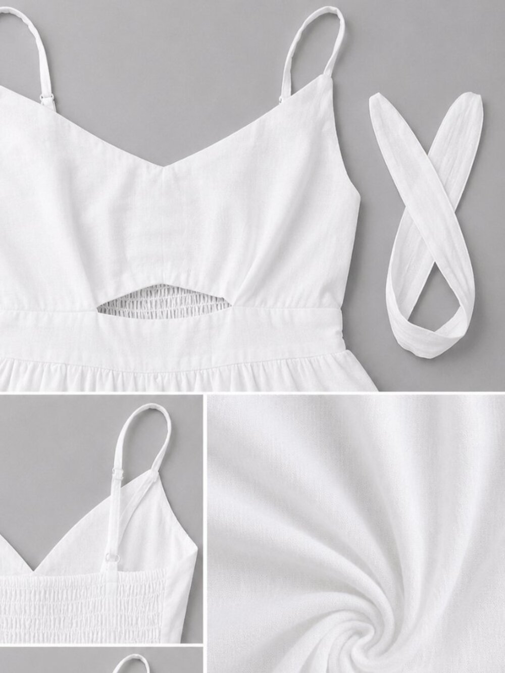 Women’s White Cotton Tie Front Button Down A-Line Midi Dress Spaghetti Strap - Picture 3 of 4
